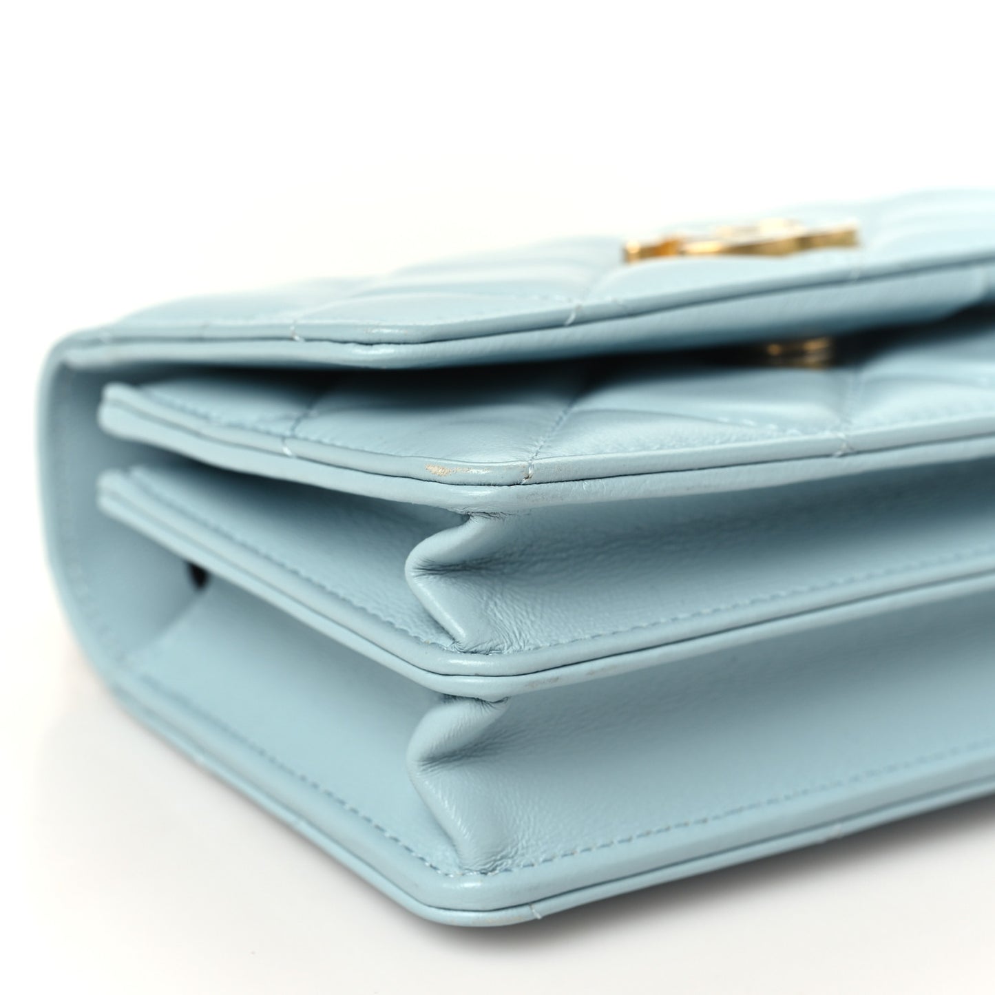 Lambskin Enamel Quilted Pending CC Clutch With Chain Light Blue