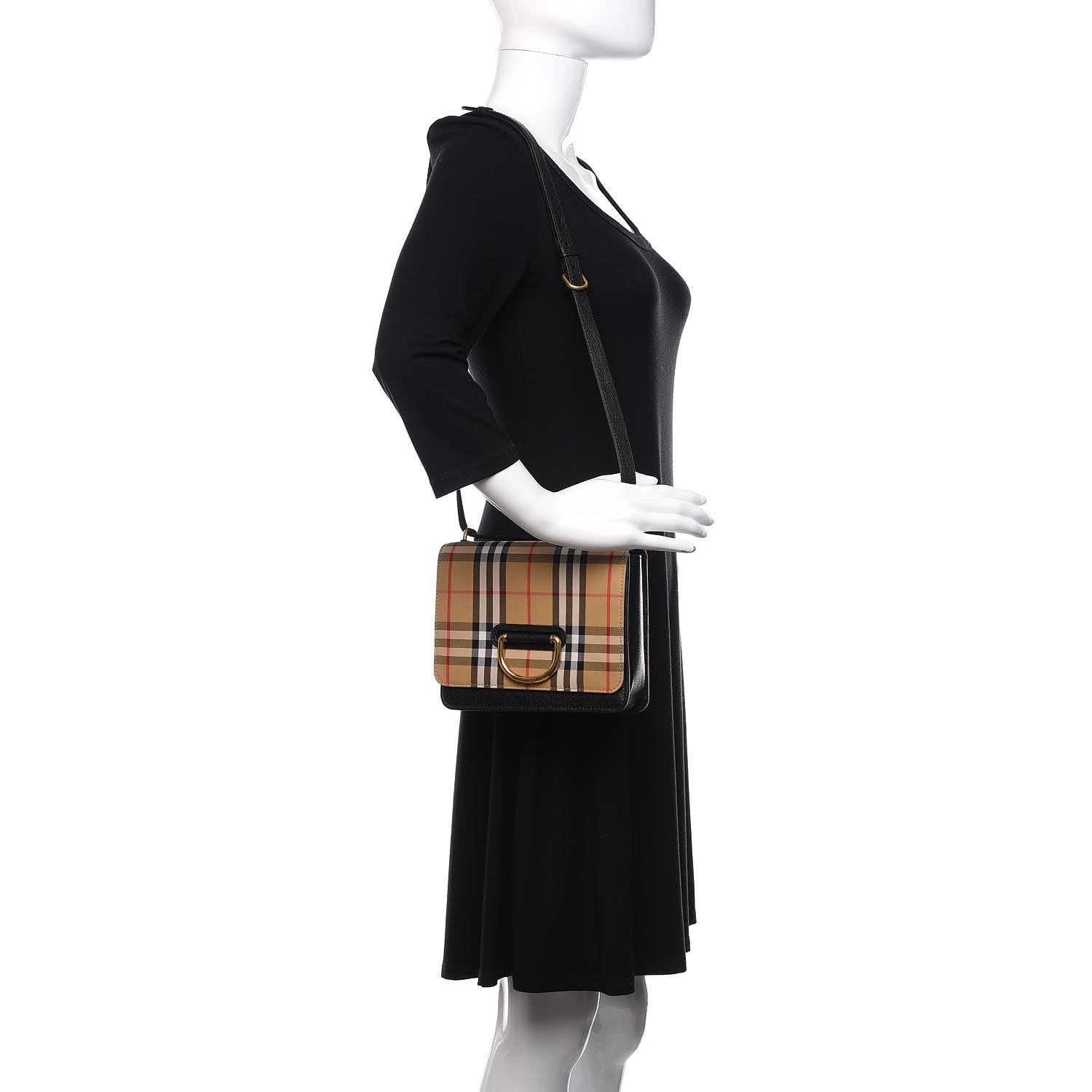 Burberry Goatskin Cotton Canvas Vintage Check Small D-Ring Bag Black Antique Yellow 2 of 13