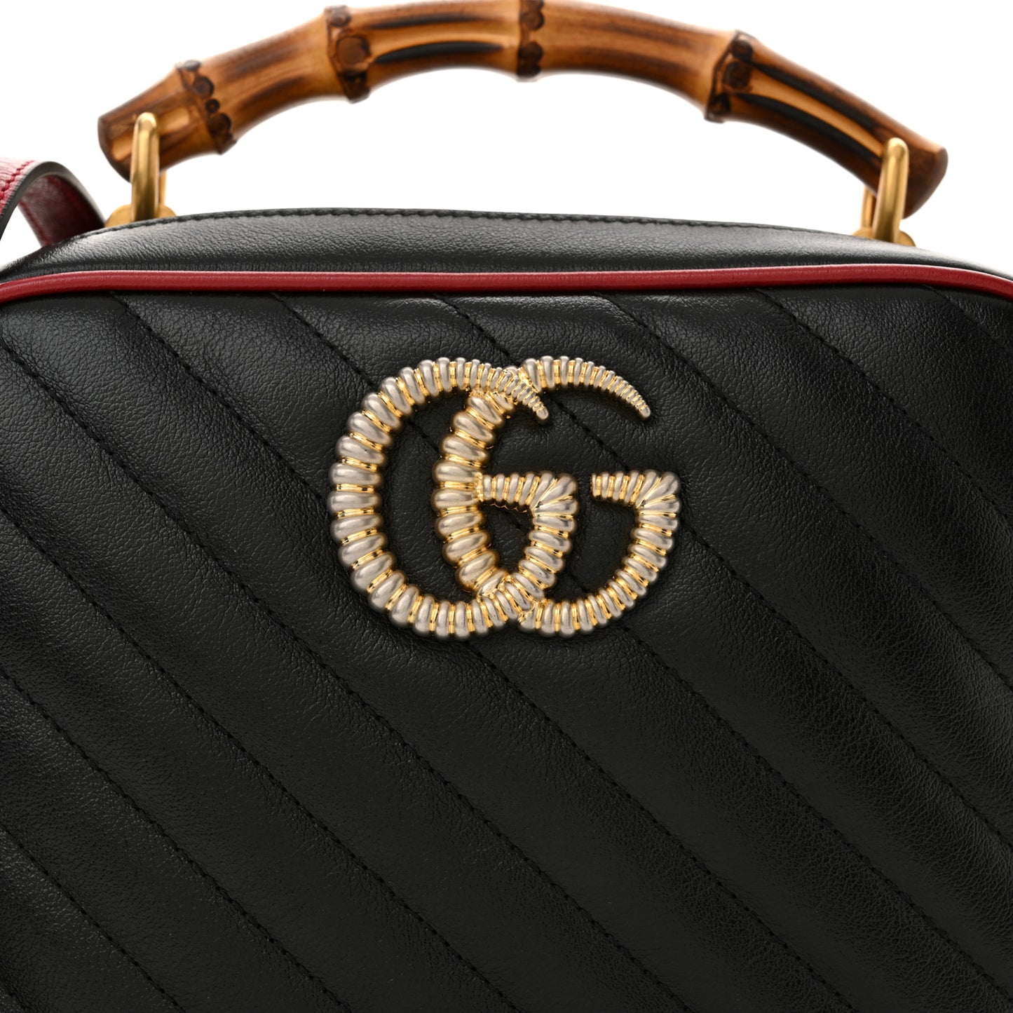 Vintage Effect Calfskin Matelasse Diagonal Small Torchon GG Marmont Bamboo Top Handle Shoulder Bag Black Romantic Cherry