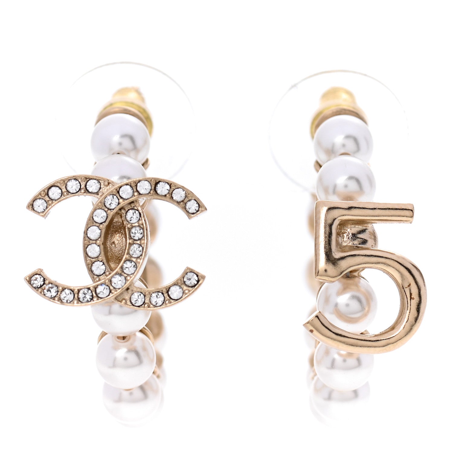 Chanel Crystal Pearl CC No 5 Hoop Earrings Gold 1 of 5