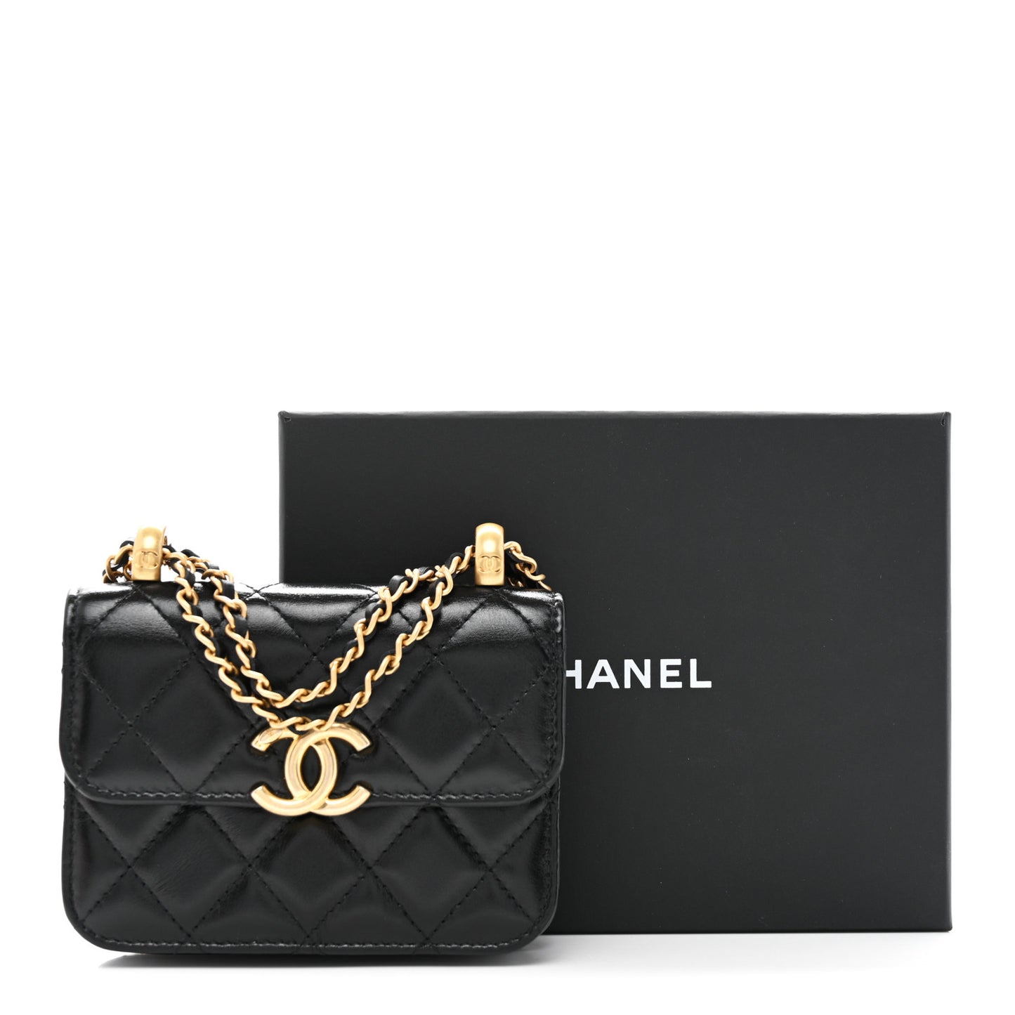 Calfskin Quilted Perfect Fit Coin Purse With Chain Black
