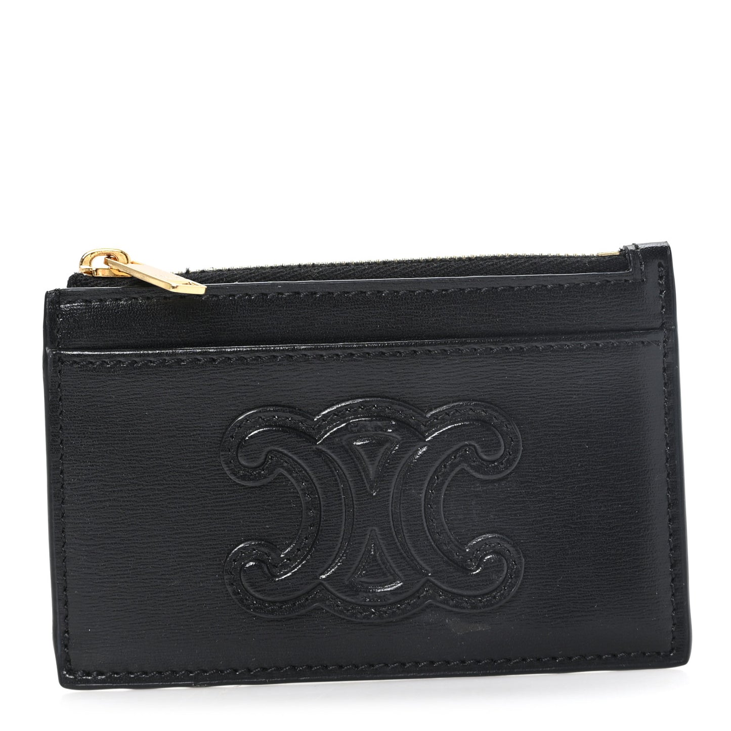 Triomphe Calfskin Zipped Card Holder Black