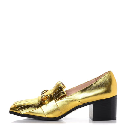 Gucci Metallic Nappa Silk Polly Kiltie Fringe 55mm Loafer Pumps 38.5 Oro Vecchio 1 of 11