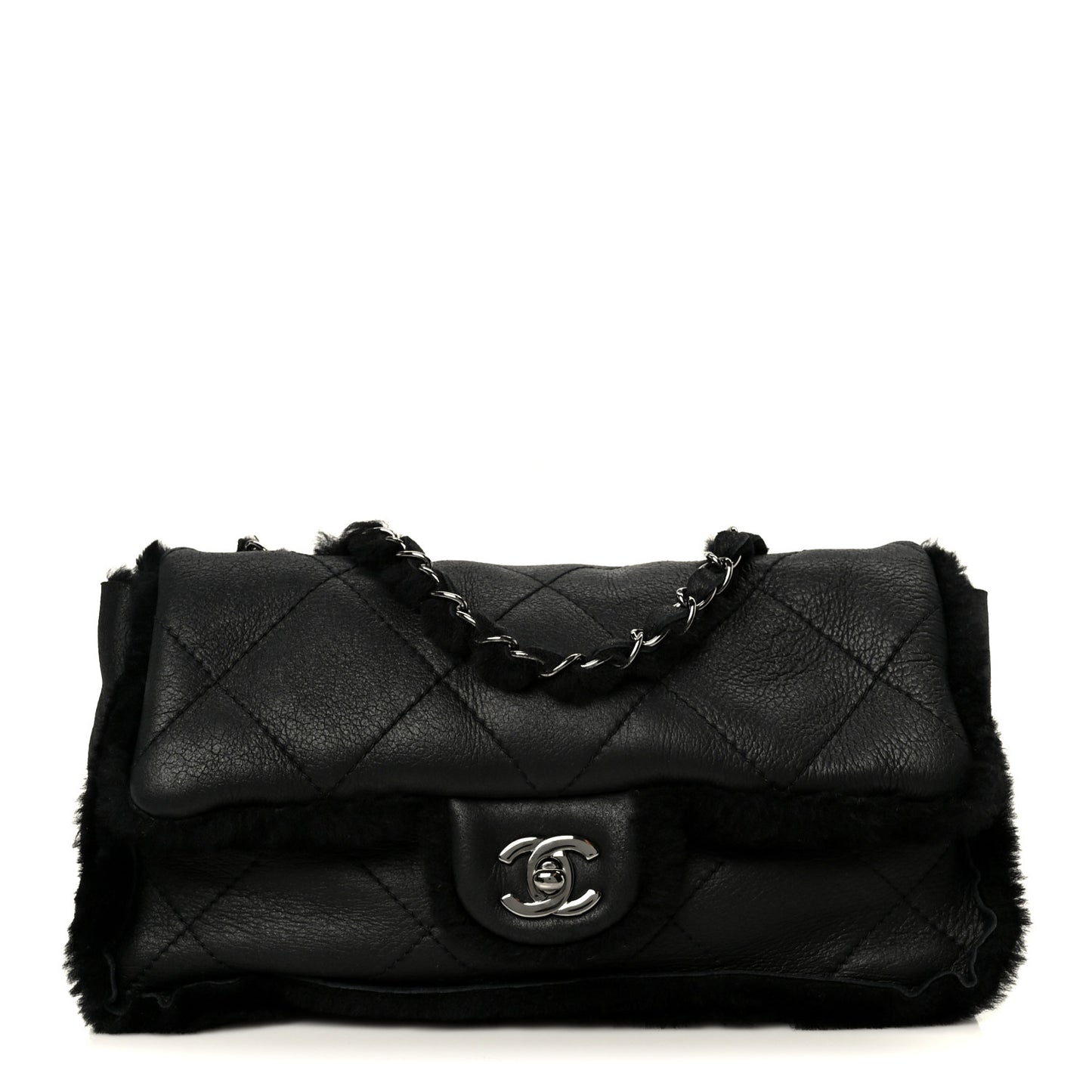 Shearling Quilted Medium Single Flap Black