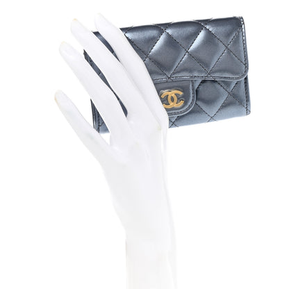 Chanel Metallic Lambskin Quilted Flap Card Holder Wallet Dark Blue 2 of 9