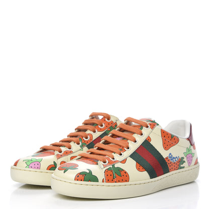Gucci Calfskin Web Strawberry Print Womens Ace Sneakers 36 Ivory Red Green 3 of 9