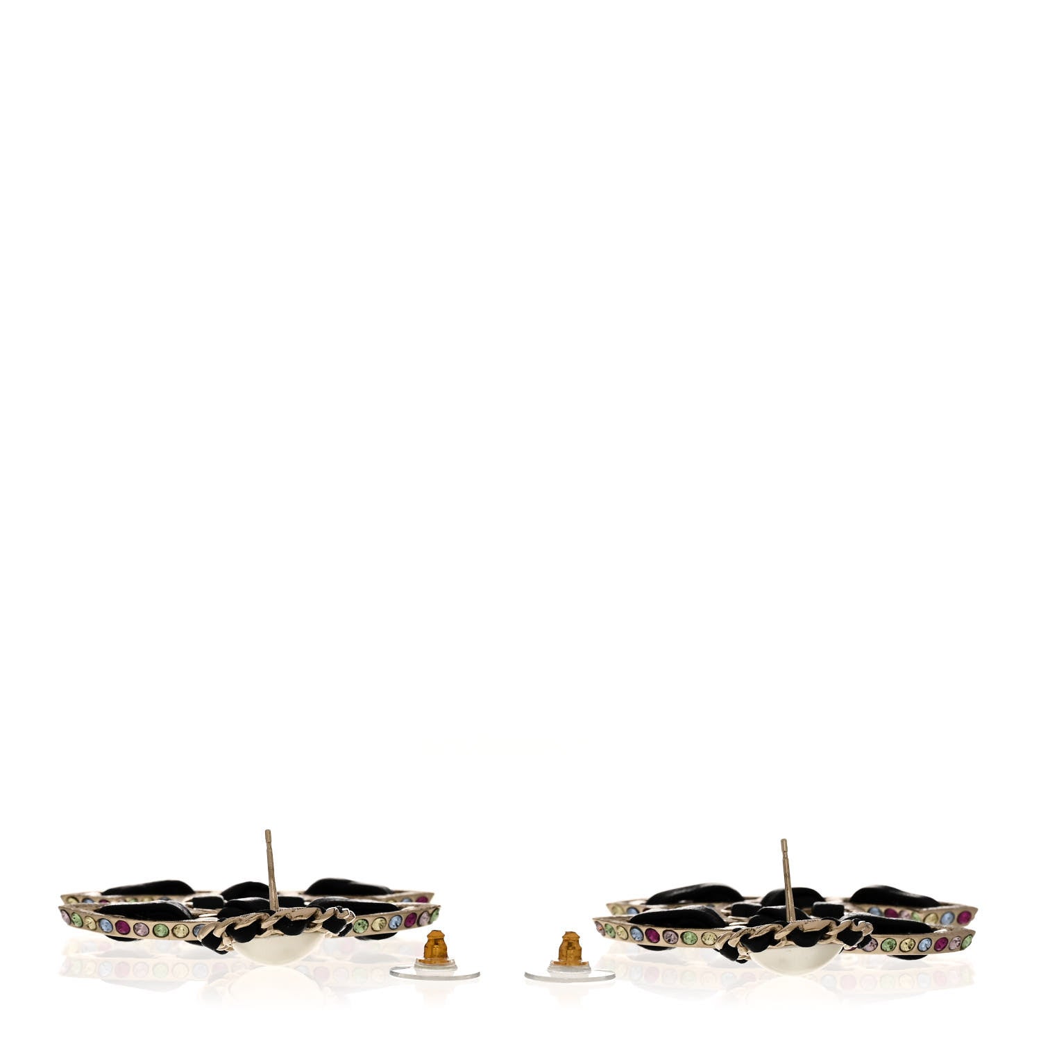 Chanel Pearl Lambskin Crystal Chain CC Drop Earrings Black Gold Multicolor 3 of 5