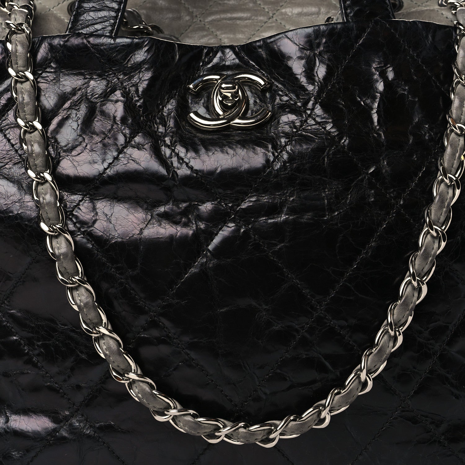 Chanel Glazed Calfskin Lambskin Quilted Portobello Tote Black Grey 8 of 11