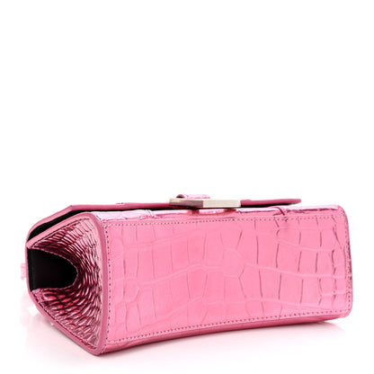 Balenciaga Metallic Shiny Calfskin Crocodile Embossed Hourglass Top Handle Bag XS Pink 4 of 11