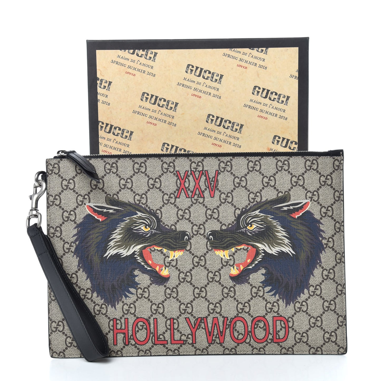 GG Supreme Monogram Wolf Zip Wristlet Pouch Beige