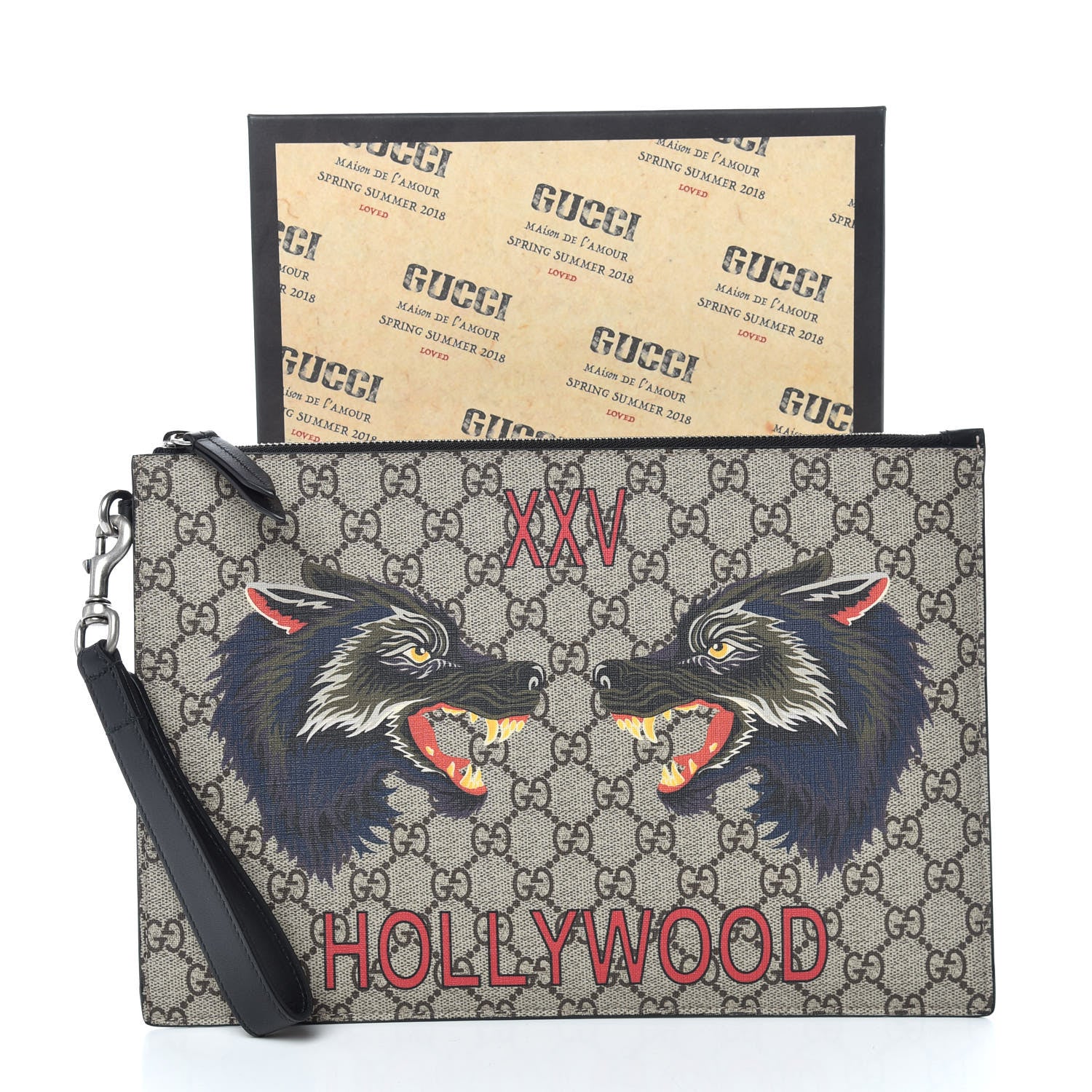 Gucci GG Supreme Monogram Wolf Zip Wristlet Pouch Beige 9 of 9