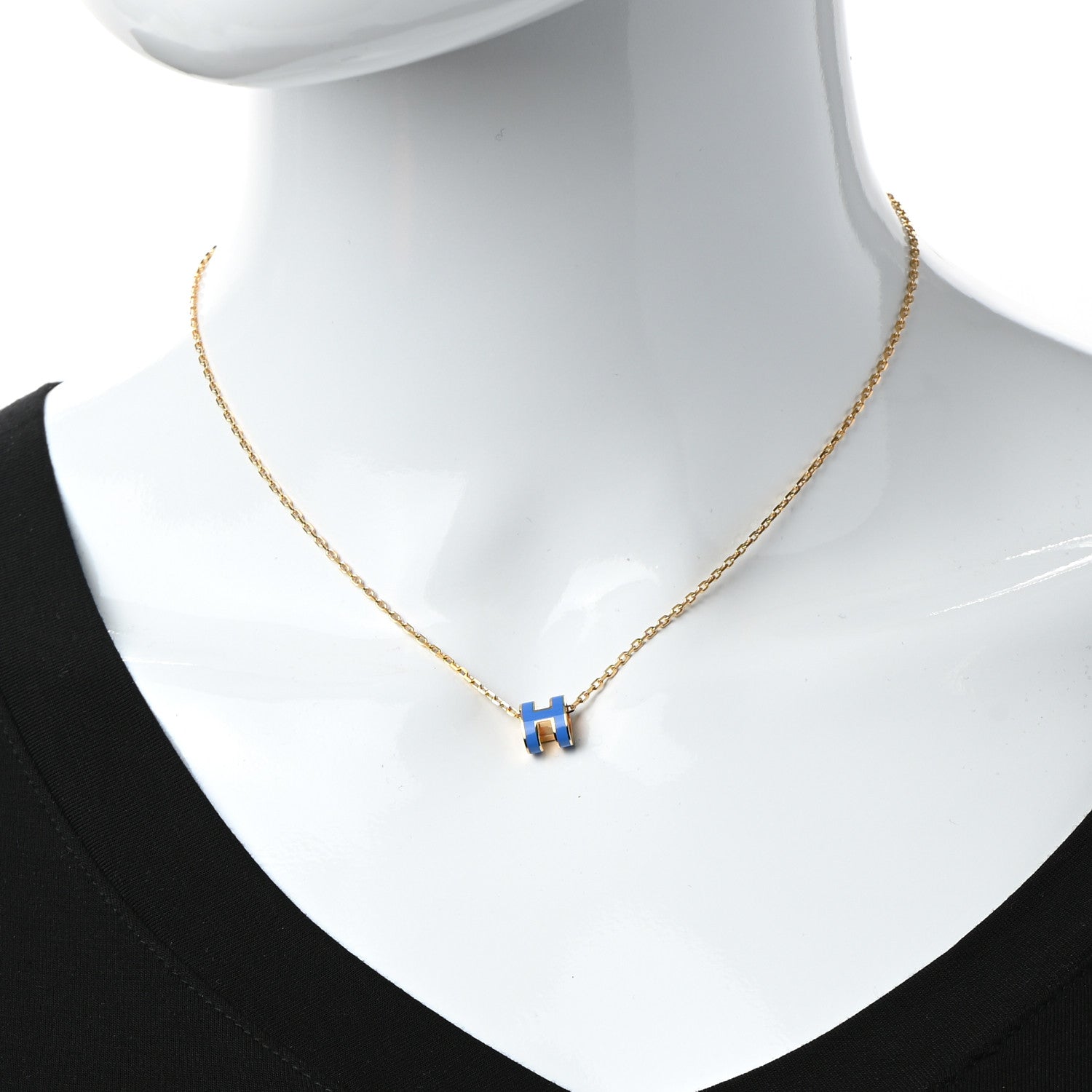 Hermes Lacquered Gold Mini Pop H Pendant Necklace Bleu Sature 2 of 7