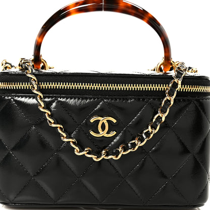 Chanel Shiny Lambskin Quilted Small Plexiglass Top Handle Vanity Case With Chain Black Tortoise 9 of 11