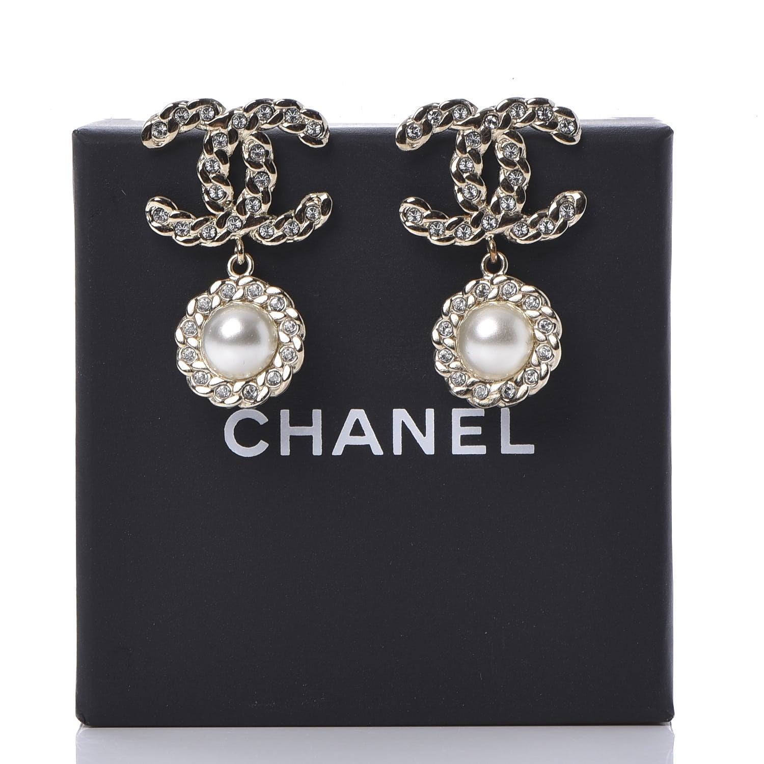 Chanel Crystal Pearl Pearls Coronation CC Drop Earrings Gold 5 of 5