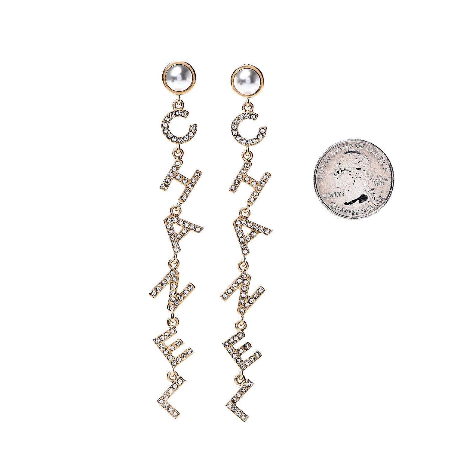Chanel Crystal Pearl 90’s Icon Drop Letter Earrings Gold 2 of 5
