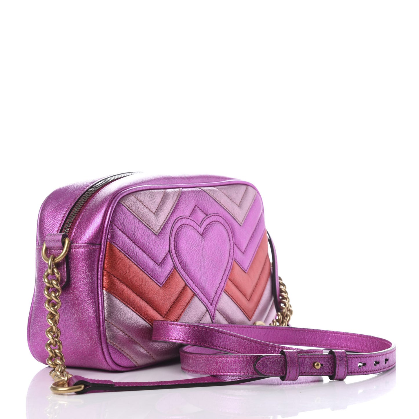 Laminated Nappa Matelasse Small GG Marmont Chain Shoulder Bag Fuxia Rosso Rosa