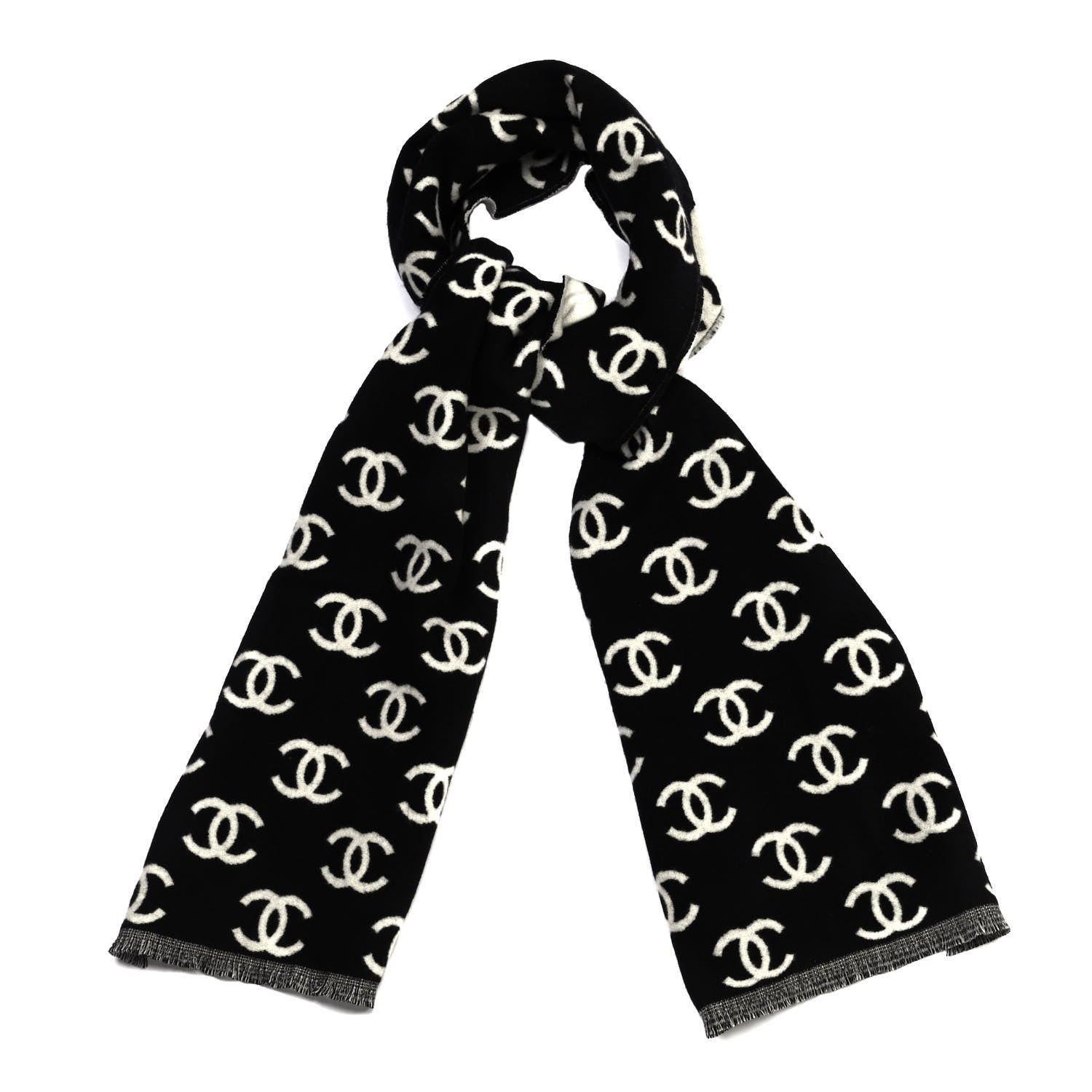 Chanel Wool Cashmere CC Scarf Black White 1 of 4