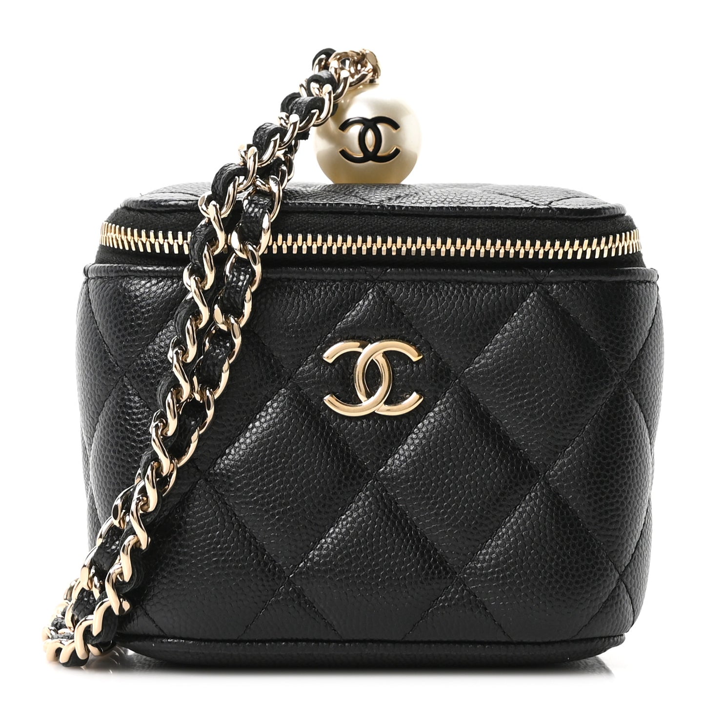 Caviar Quilted Mini Pearl On Top Vanity Case With Chain Black