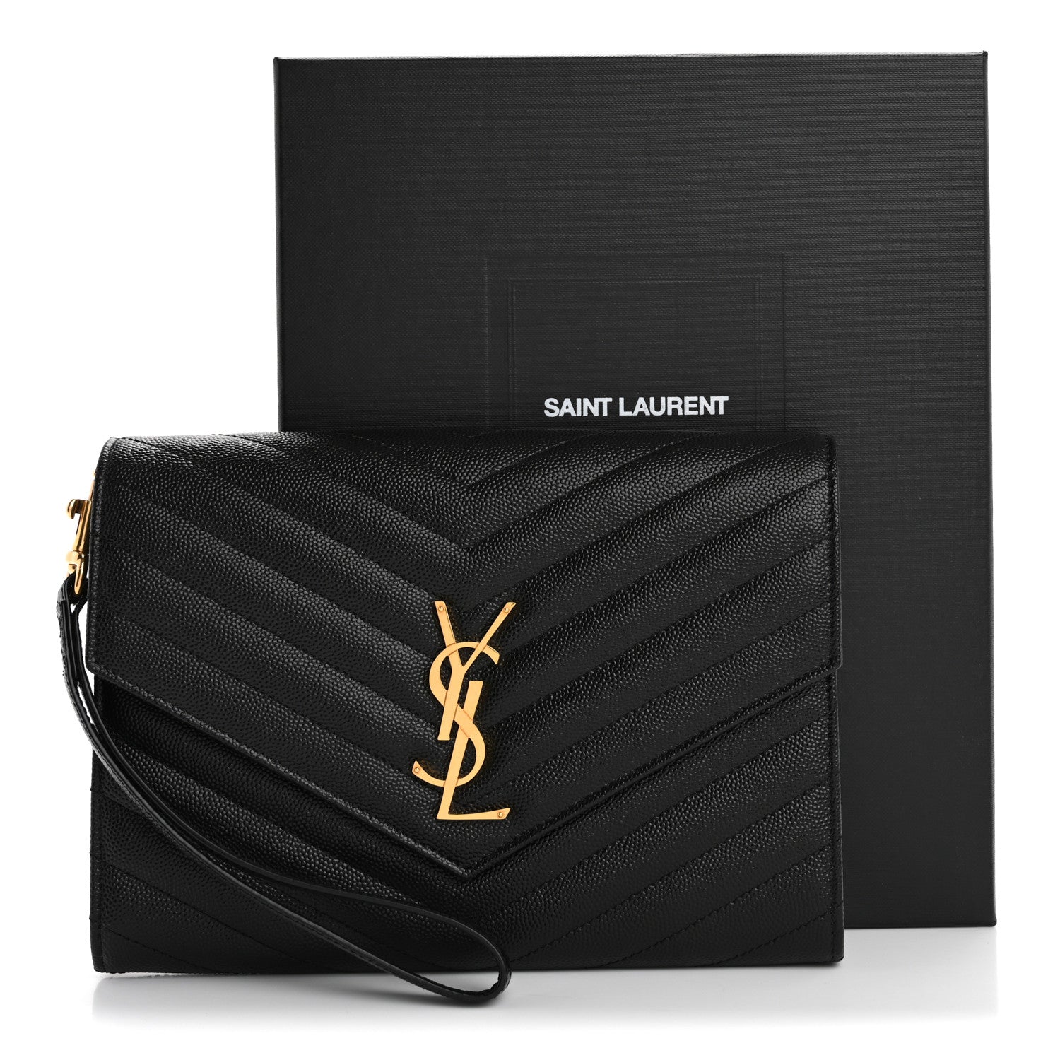 Saint Laurent Grain De Poudre Matelasse Chevron Monogram Envelope Clutch Black 8 of 8
