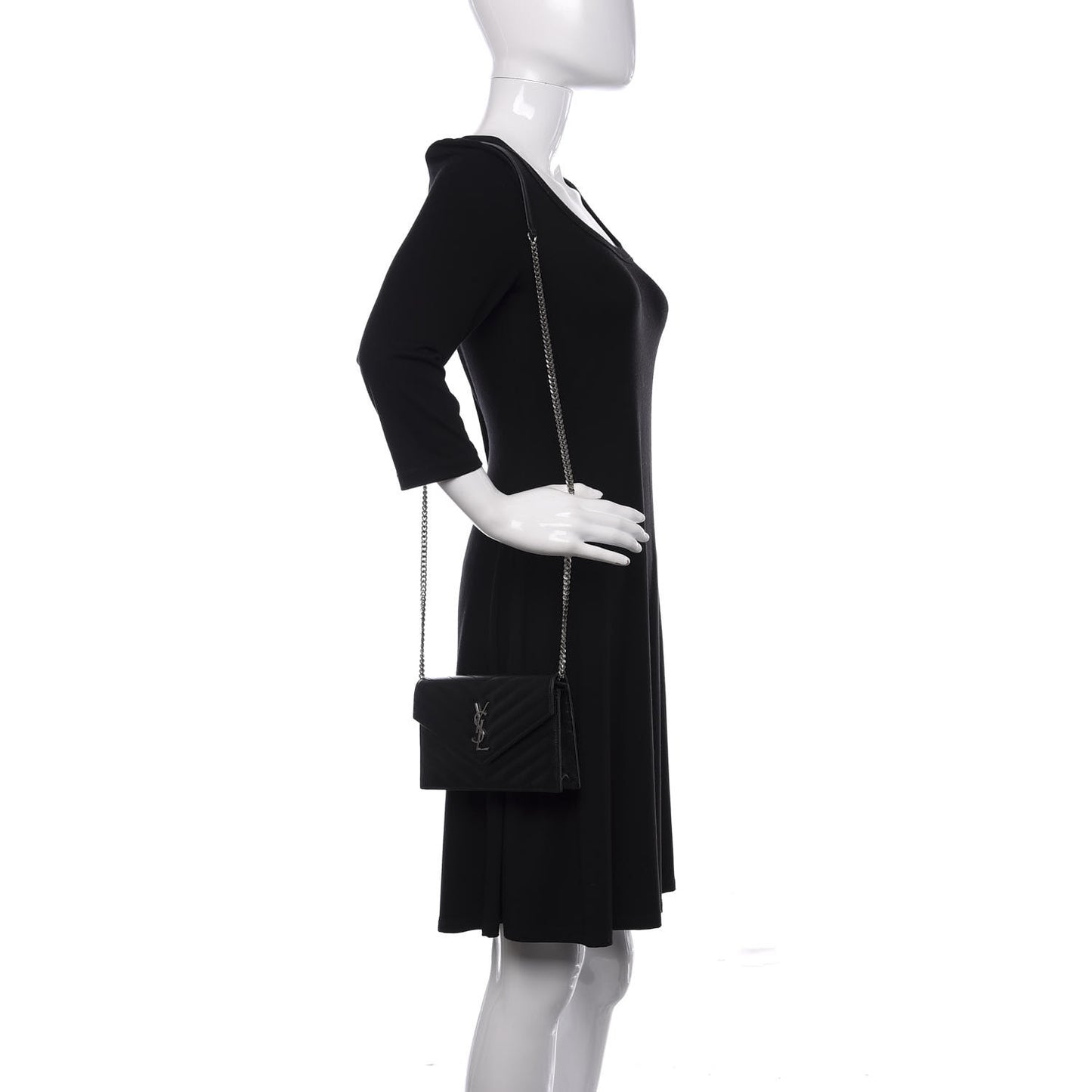 Grain De Poudre Matelasse Chevron Monogram Envelope Chain Wallet Black