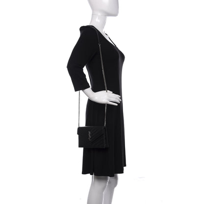 Saint Laurent Grain De Poudre Matelasse Chevron Monogram Envelope Chain Wallet Black 2 of 12