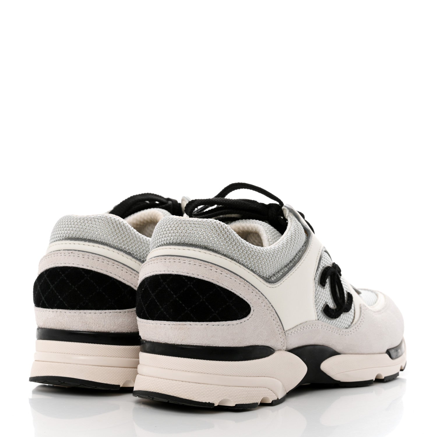 Chanel Nylon Calfskin Suede Womens CC Sneakers 37.5 Grey White 4 of 9