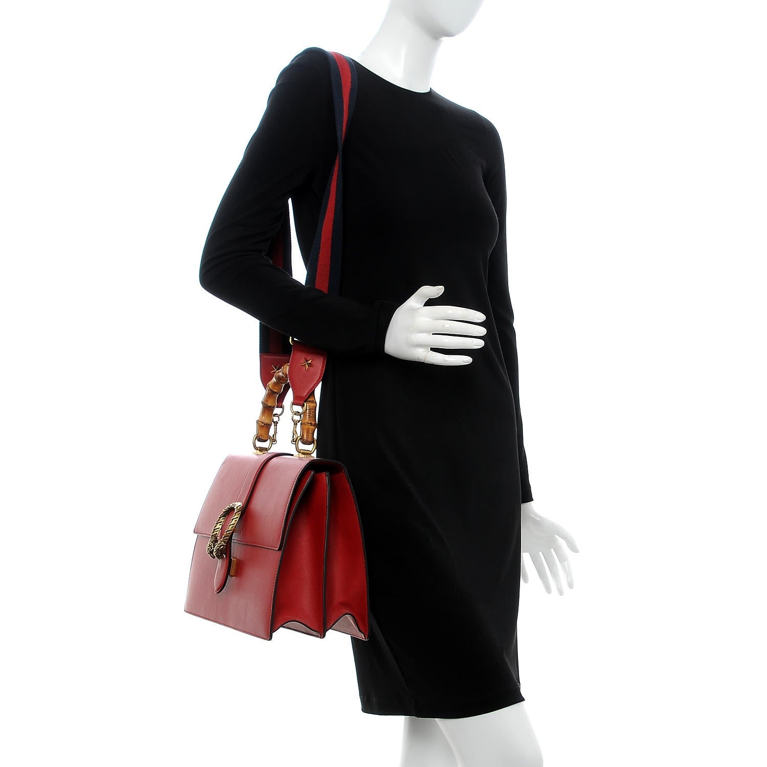 Gucci Moon Calfskin Web Large Dionysus Bamboo Top Handle Bag Hibiscus Red 2 of 11