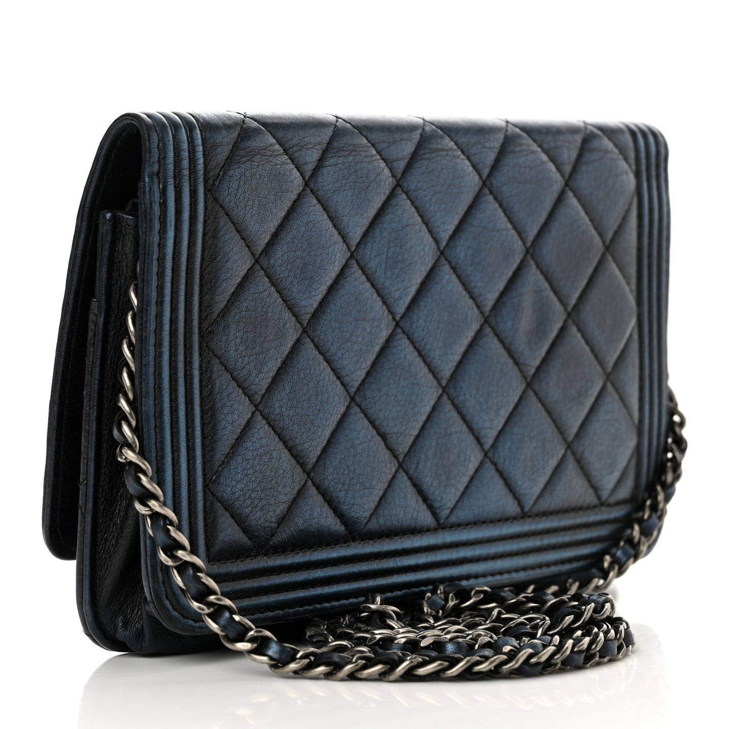 Metallic Calfskin Quilted Boy Wallet On Chain WOC Navy Blue