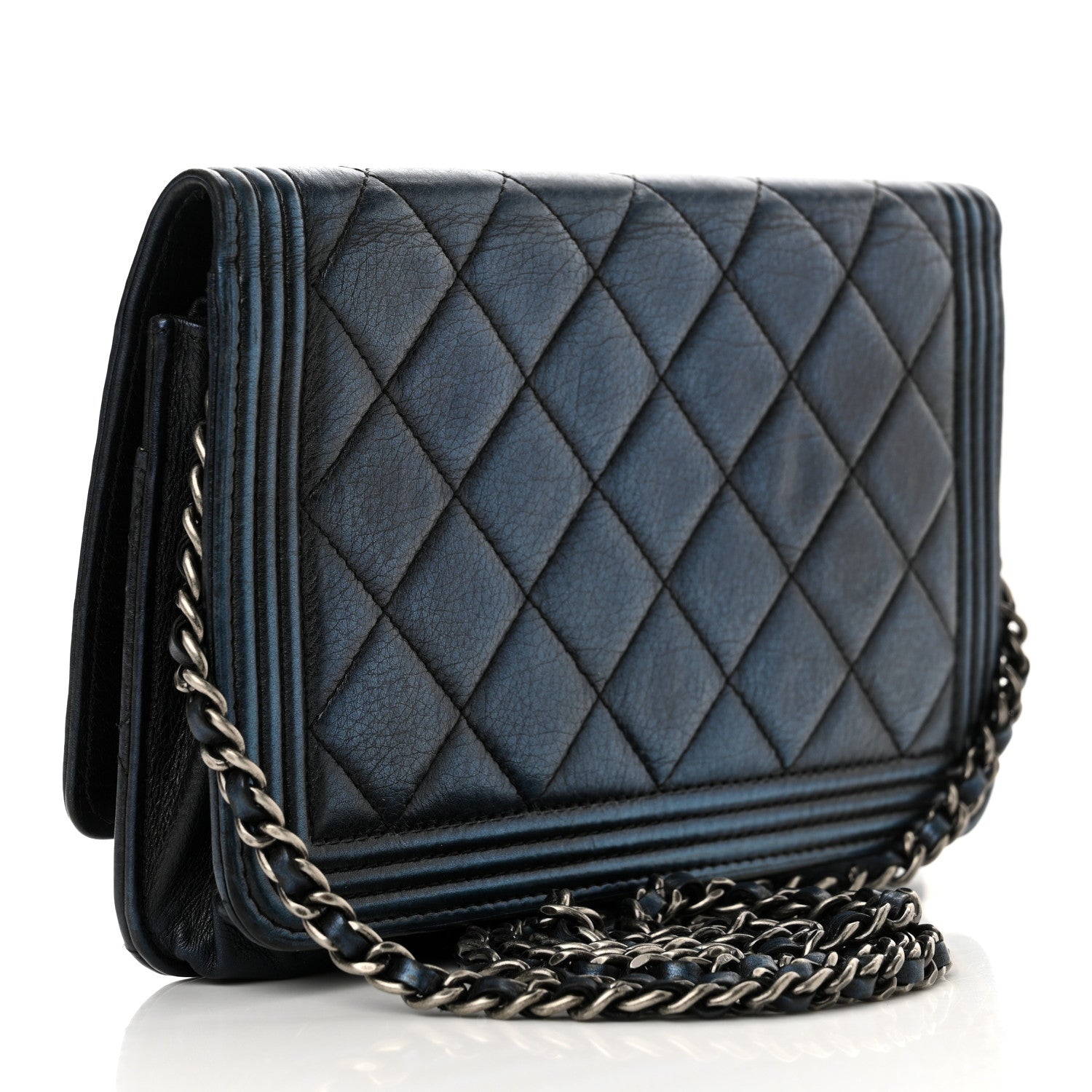 Chanel Metallic Calfskin Quilted Boy Wallet On Chain WOC Navy Blue 3 of 16