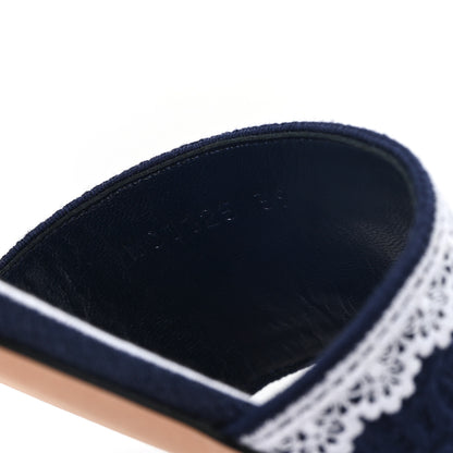 Christian Dior Oblique Embroidered Cotton Lace Dentelle Flat Slide Sandals 39 Navy Blue White 9 of 10