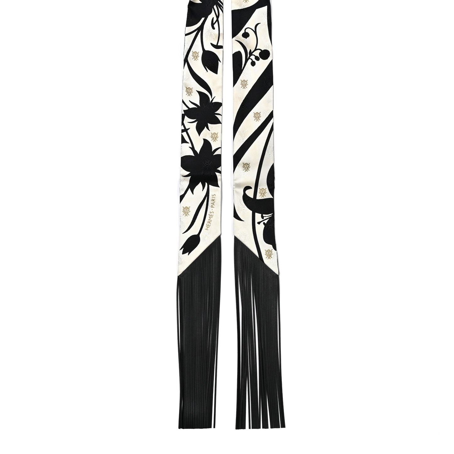 Silk Calfskin Bouquet Final Fringed Twilly Creme Black