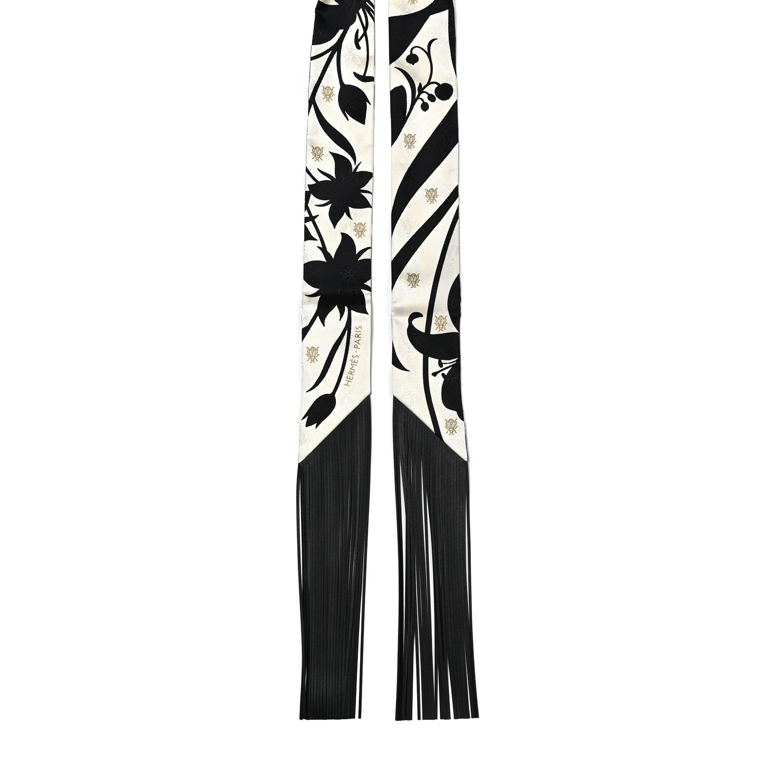 Hermes Silk Calfskin Bouquet Final Fringed Twilly Creme Black 2 of 4