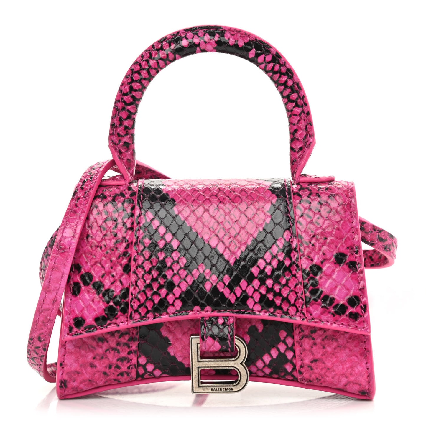 Shiny Calfskin Python Effect Hourglass Top Handle Bag Mini Fuchsia Black