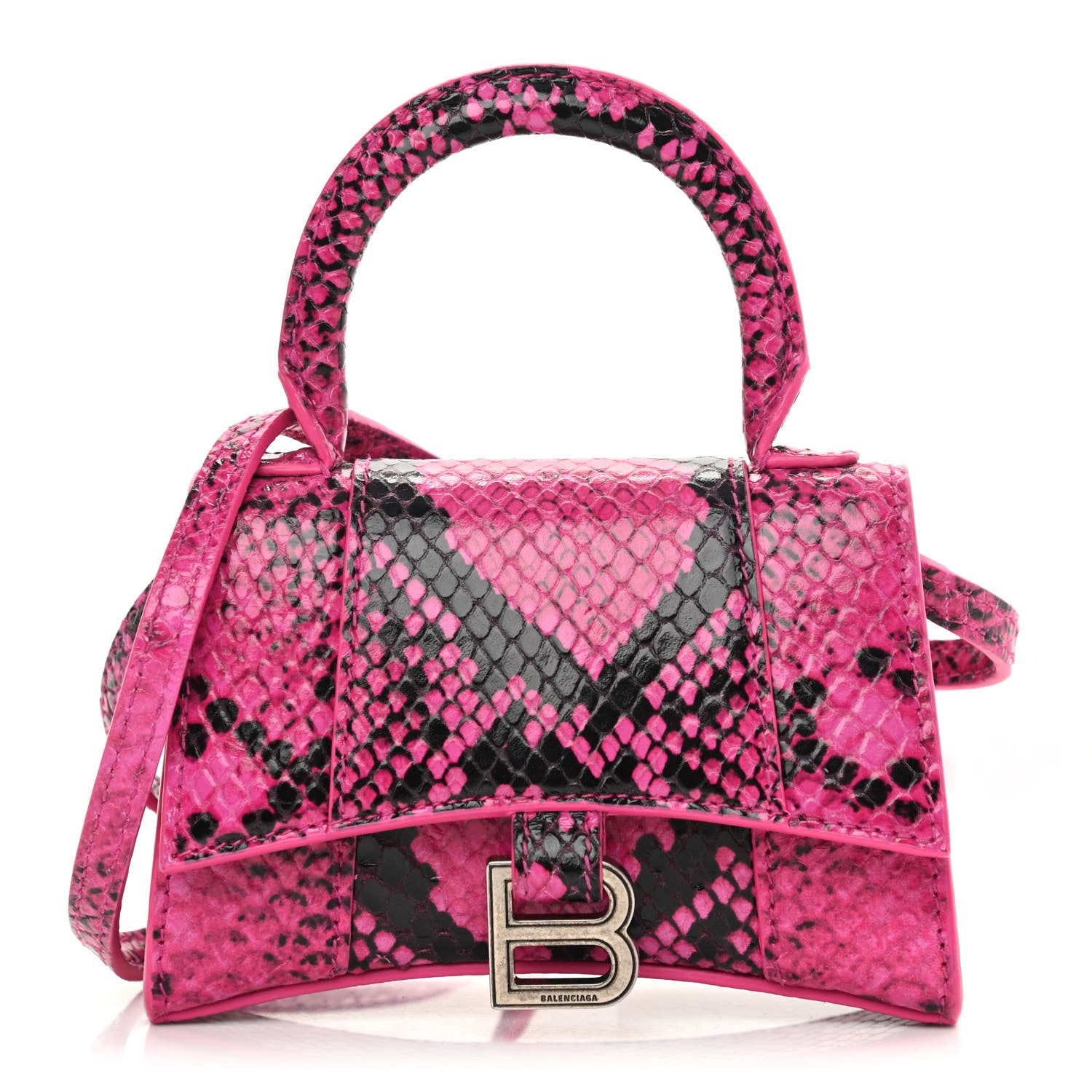 Balenciaga Shiny Calfskin Python Effect Hourglass Top Handle Bag Mini Fuchsia Black 1 of 12
