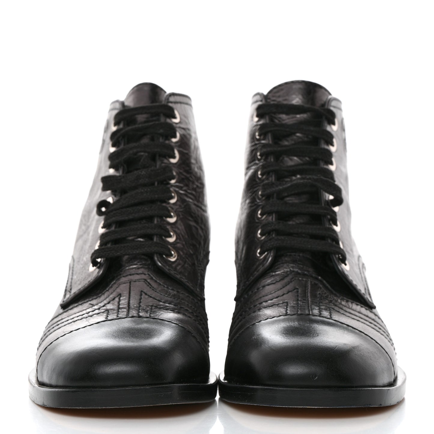 Crumpled Calfskin CC Lace Up Boots 37 Grey Black