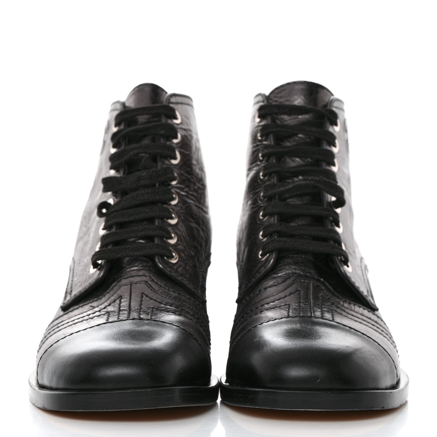 Chanel Crumpled Calfskin CC Lace Up Boots 37 Grey Black 2 of 9
