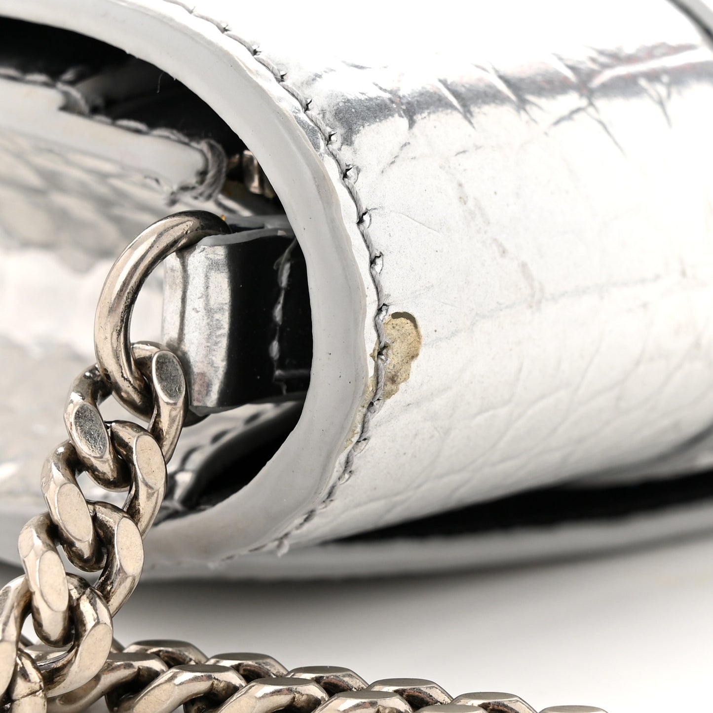 Metallic Calfskin Crocodile Embossed Hourglass Chain Bag Silver