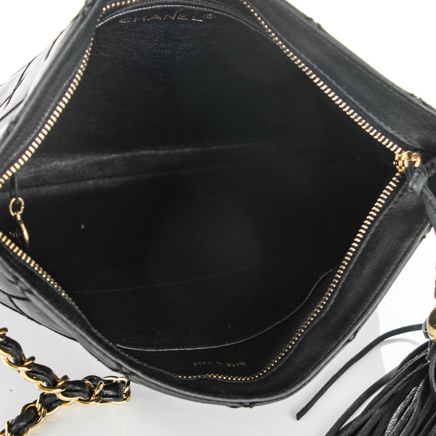 Lambskin Stitched Tassel Crossbody Black