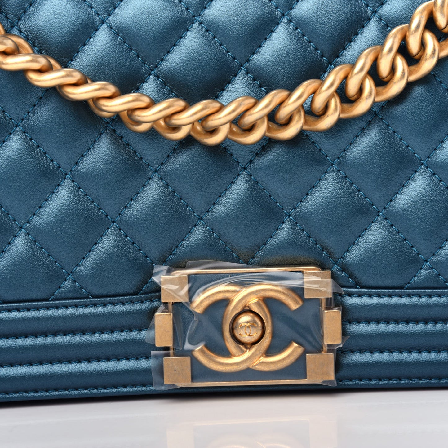 Metallic Calfskin Quilted Medium Boy Flap Blue