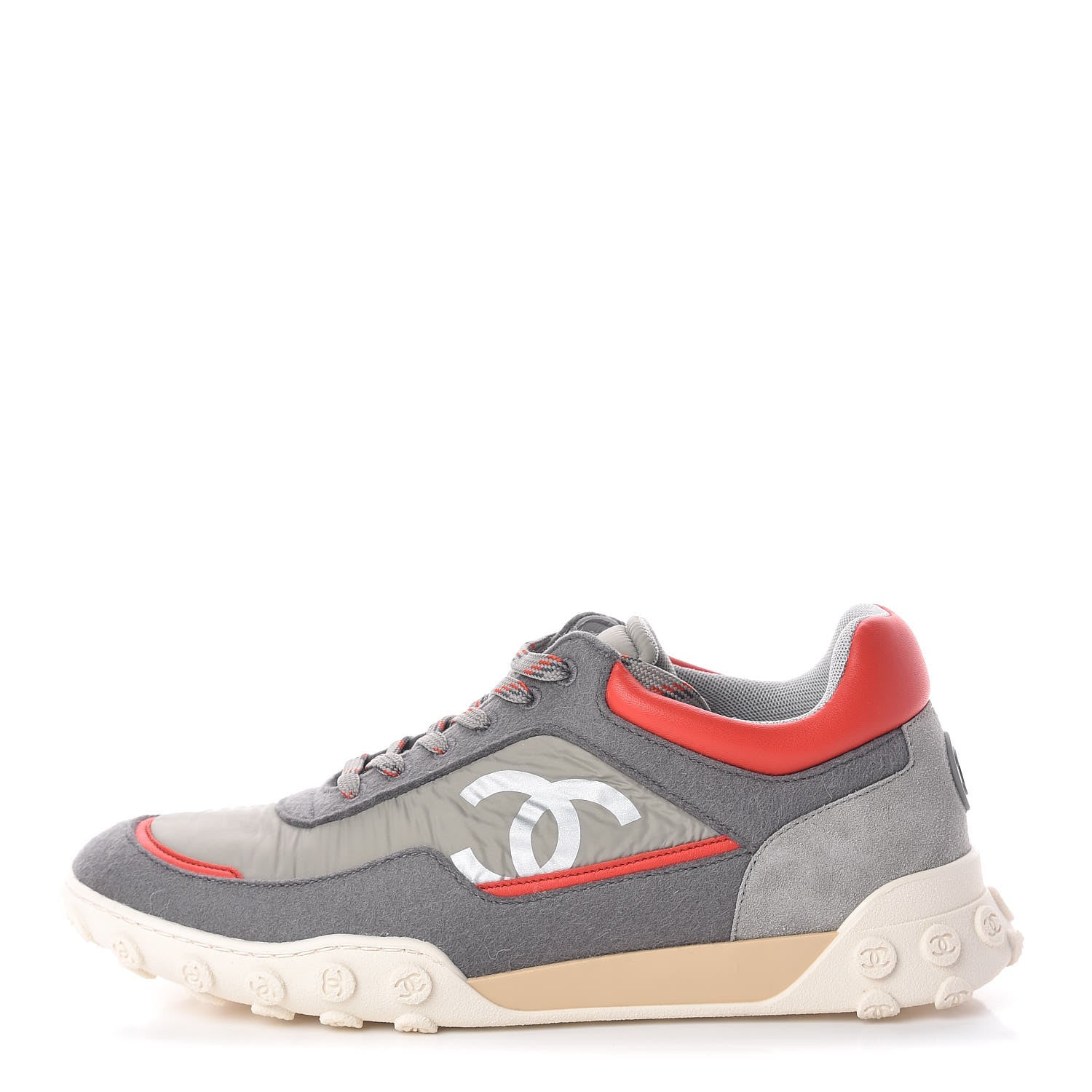 Chanel Nylon Calfskin Suede Mens CC Sneakers 41 Grey Orange 1 of 8