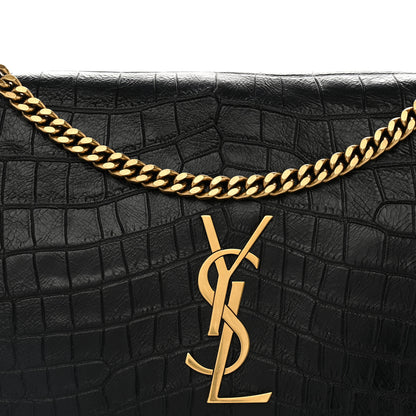 Saint Laurent Calfskin Crocodile Embossed Suede Medium Reversible Monogram Kate Satchel Military Taupe 8 of 10