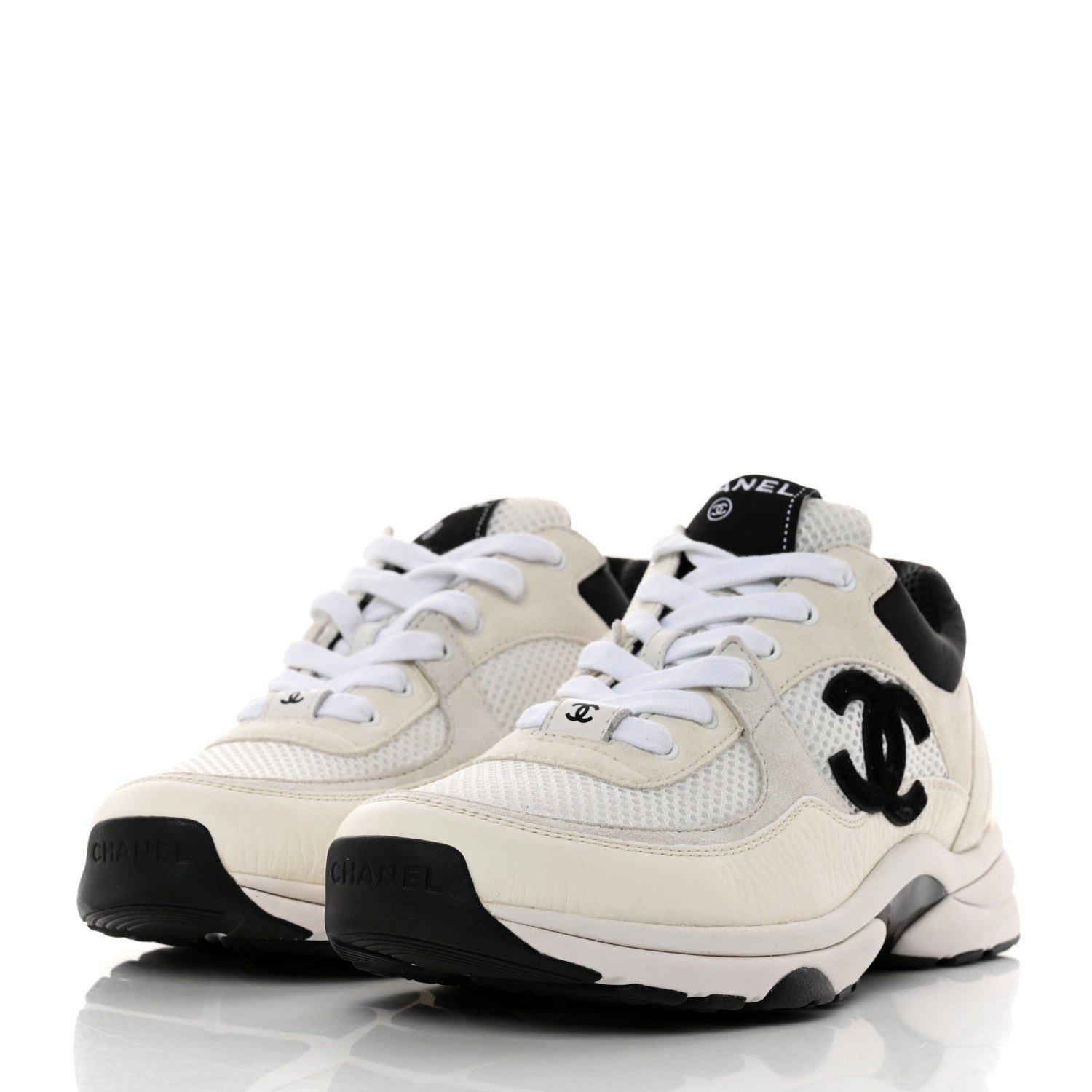 Chanel Mesh Suede Calfskin Grained Calfskin Womens CC Sneakers 38 White Black 3 of 9