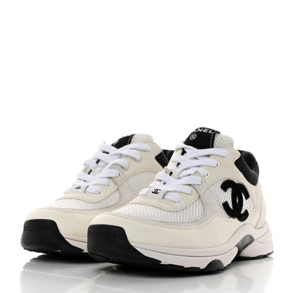 Chanel Mesh Suede Calfskin Grained Calfskin Womens CC Sneakers 38 White Black 3 of 9