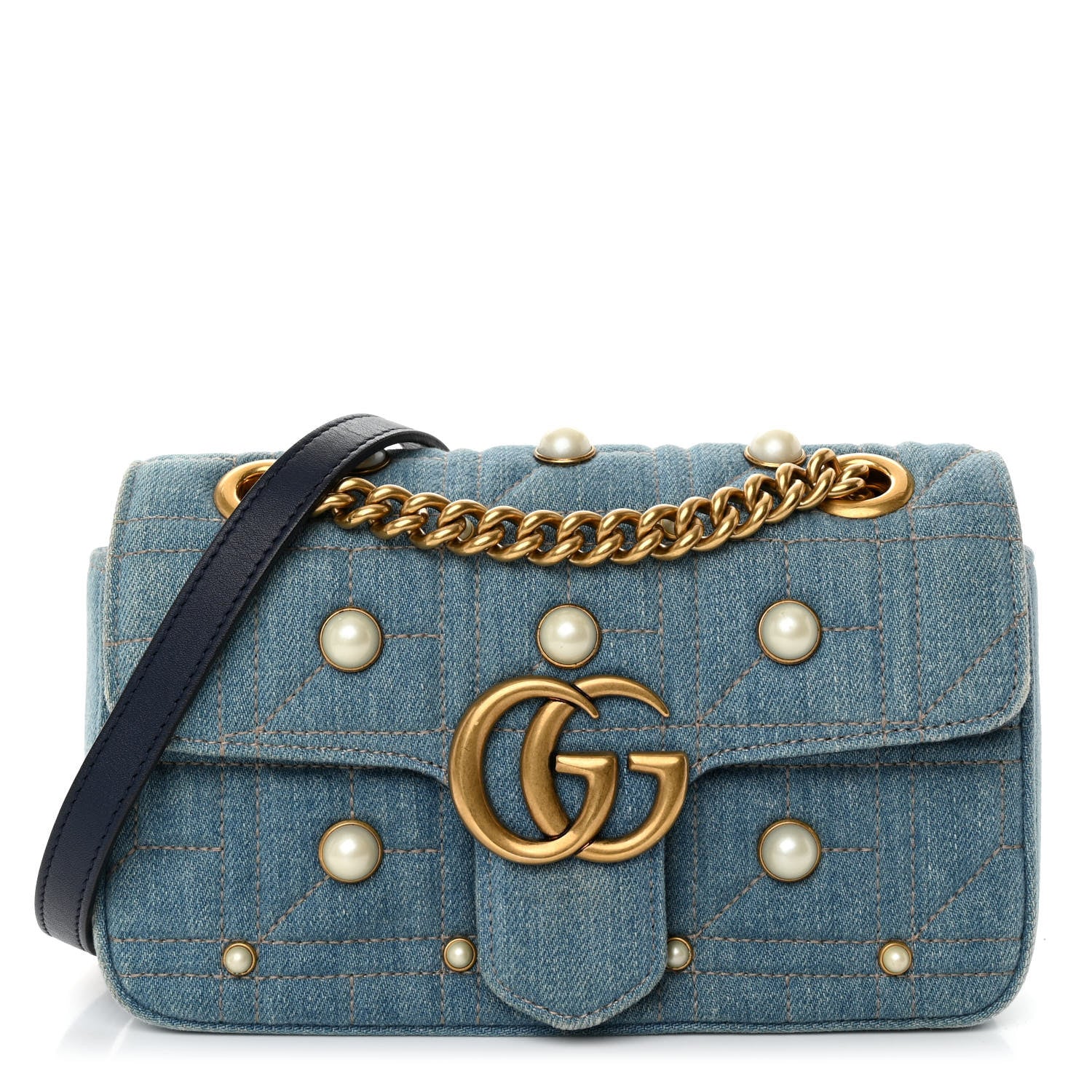 Gucci Denim Matelasse Pearl Studded Mini GG Marmont Shoulder Bag Blue 1 of 11