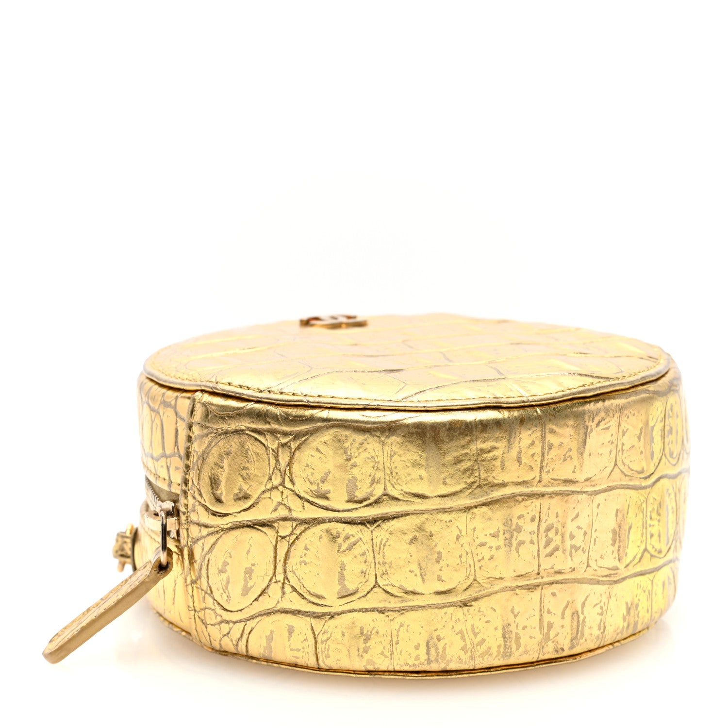 Chanel Metallic Calfskin Crocodile Embossed Cocodile Round Clutch with Chain Gold 4 of 10