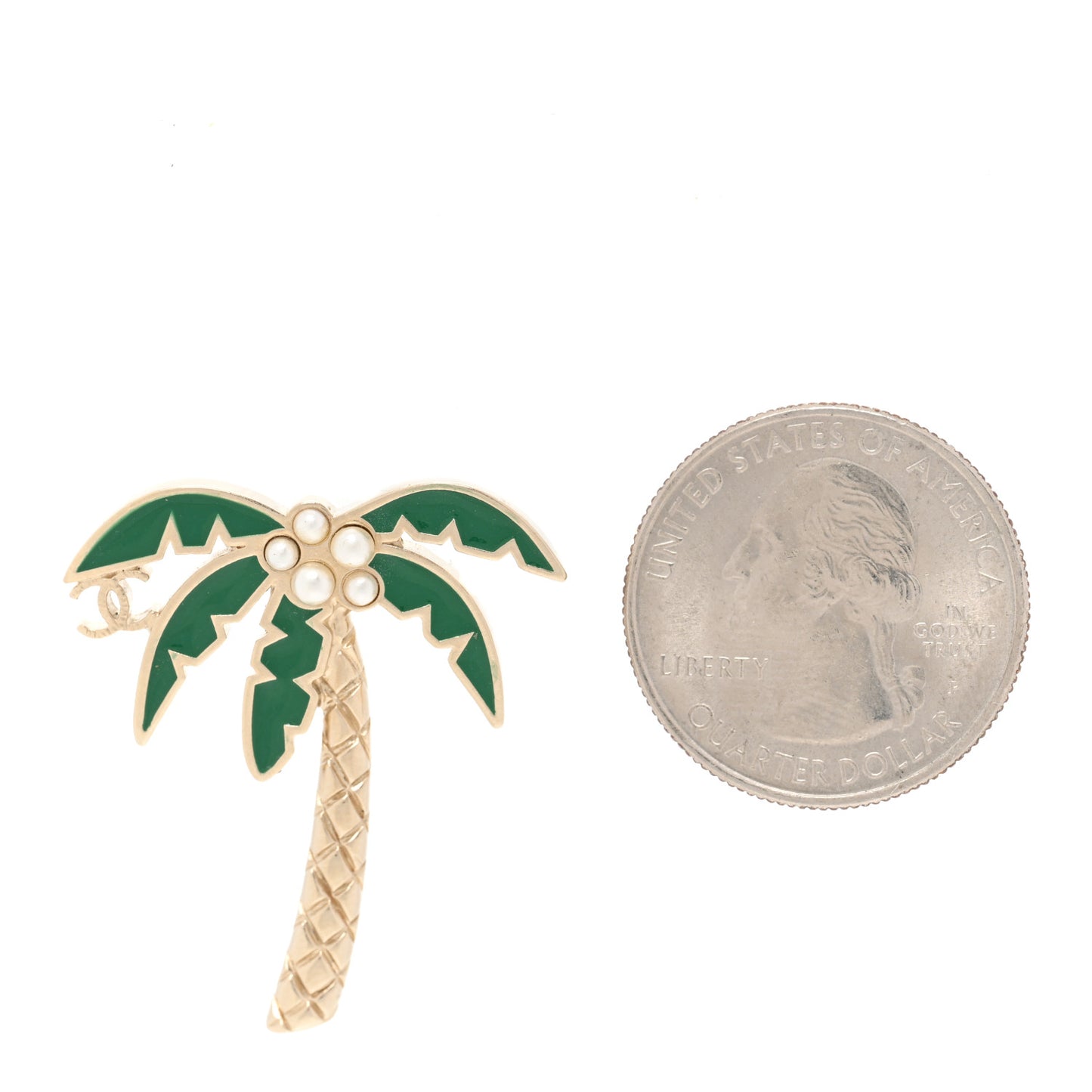 Enamel Pearl Palm Tree Brooch Green Gold