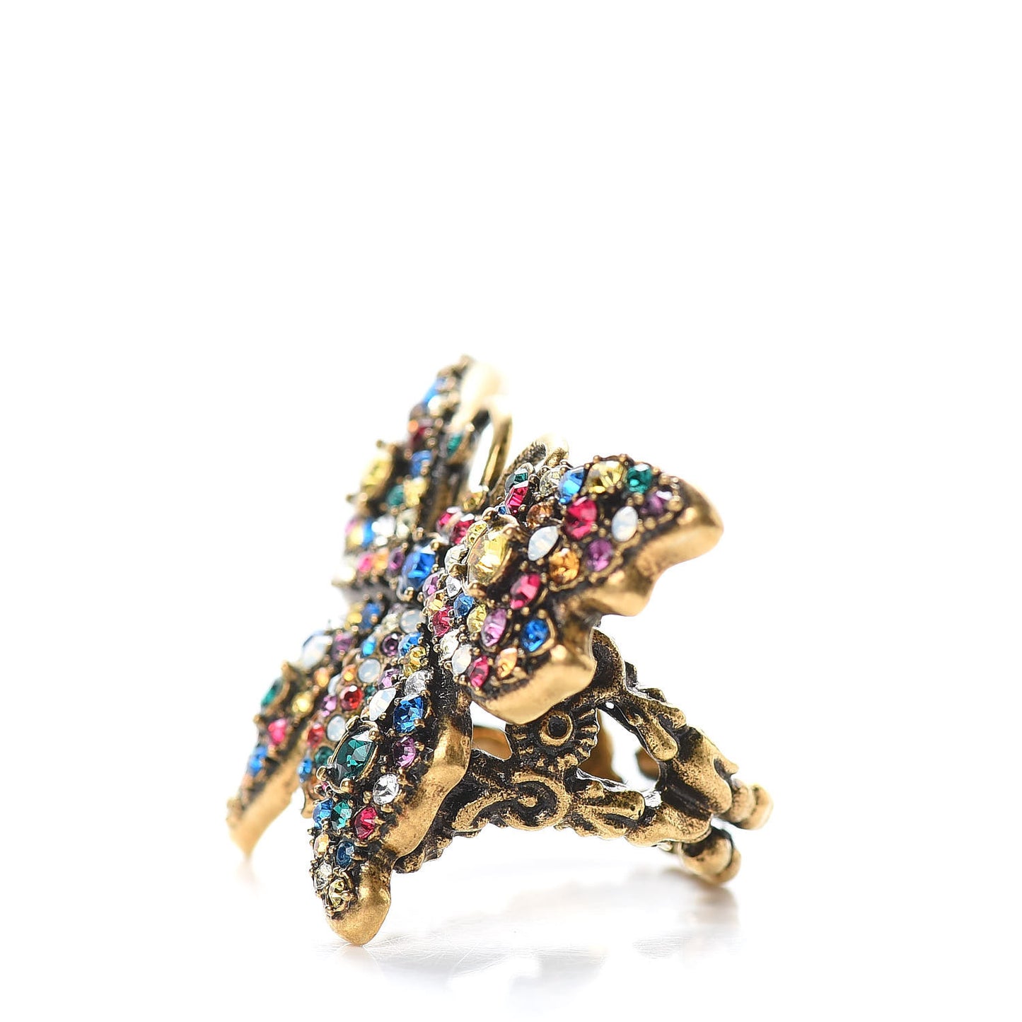 Metal Crystal Butterfly Studded Ring S Aged Gold Multicolor