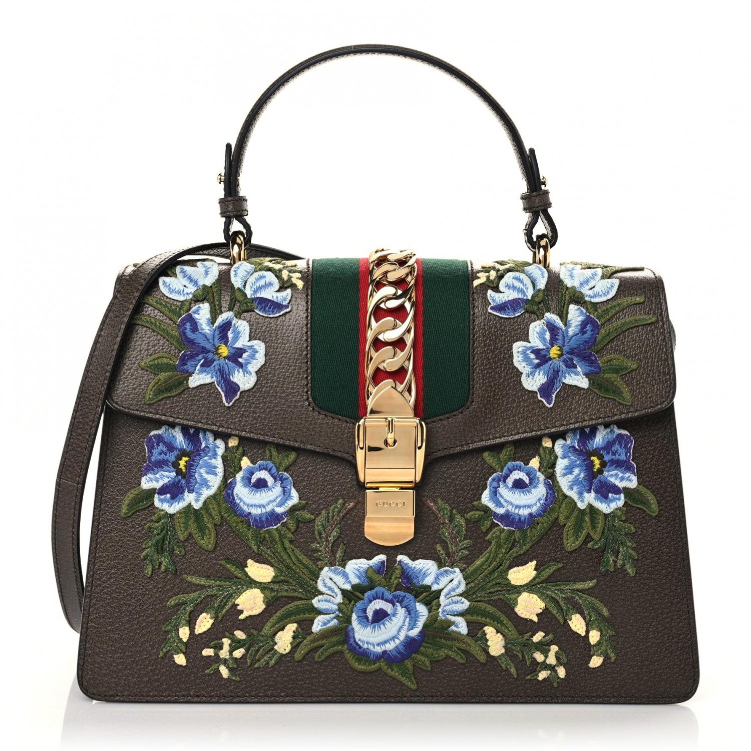Gucci Calfskin Embroidered Medium Sylvie Top Handle Bag New Acero Multicolor 1 of 11