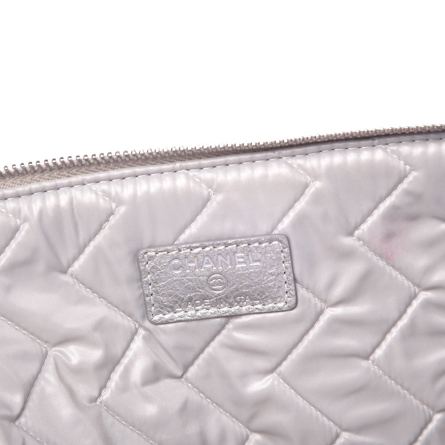 Metallic Crackled Goatskin Studded Chevron Quilted CC Large Zip Clutch Silver
