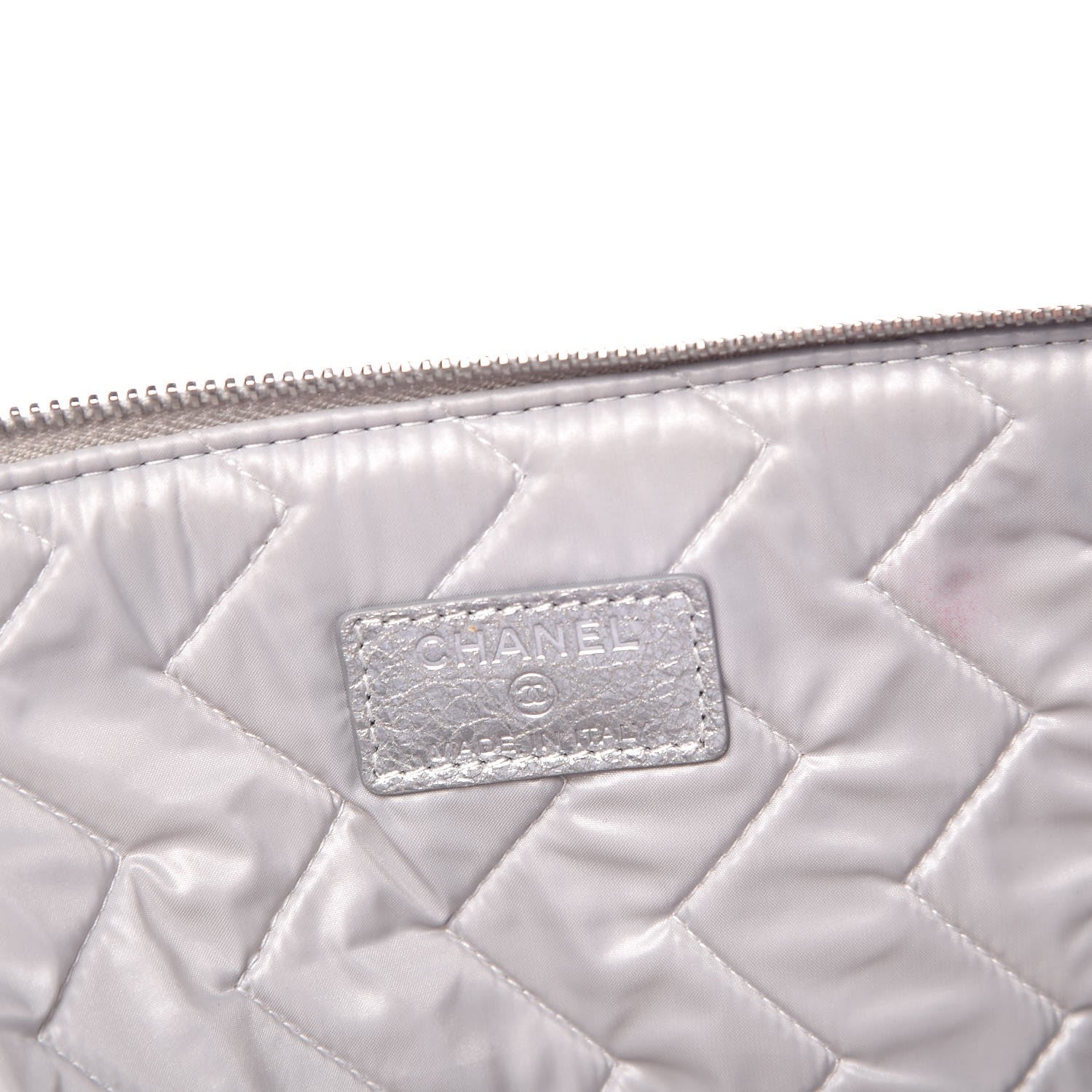Chanel Metallic Crackled Goatskin Studded Chevron Quilted CC Large Zip Clutch Silver 6 of 8